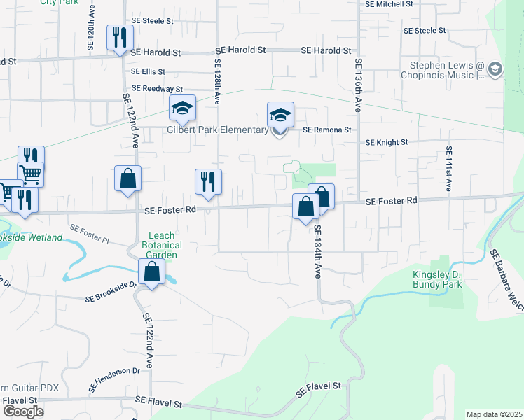 map of restaurants, bars, coffee shops, grocery stores, and more near 13049 Southeast Foster Road in Portland