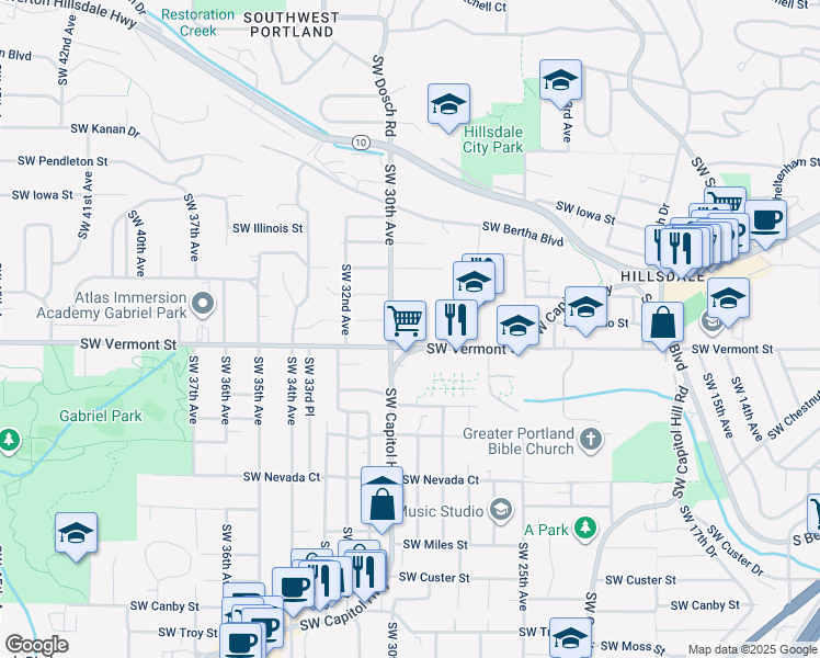 map of restaurants, bars, coffee shops, grocery stores, and more near 3007 Southwest Idaho Street in Portland