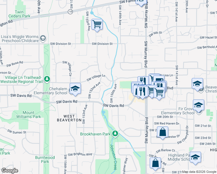 map of restaurants, bars, coffee shops, grocery stores, and more near 15137 Southwest Trillium Lane in Beaverton