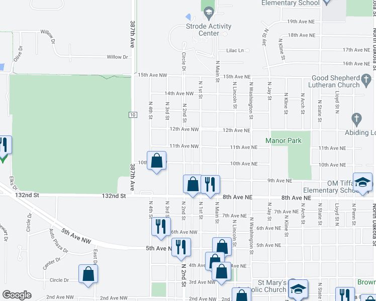 map of restaurants, bars, coffee shops, grocery stores, and more near 1101 North 1st Street in Aberdeen