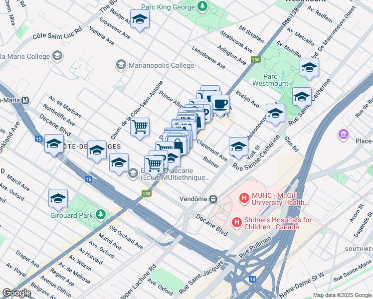 map of restaurants, bars, coffee shops, grocery stores, and more near 5034 Rue Sherbrooke Ouest in Montréal