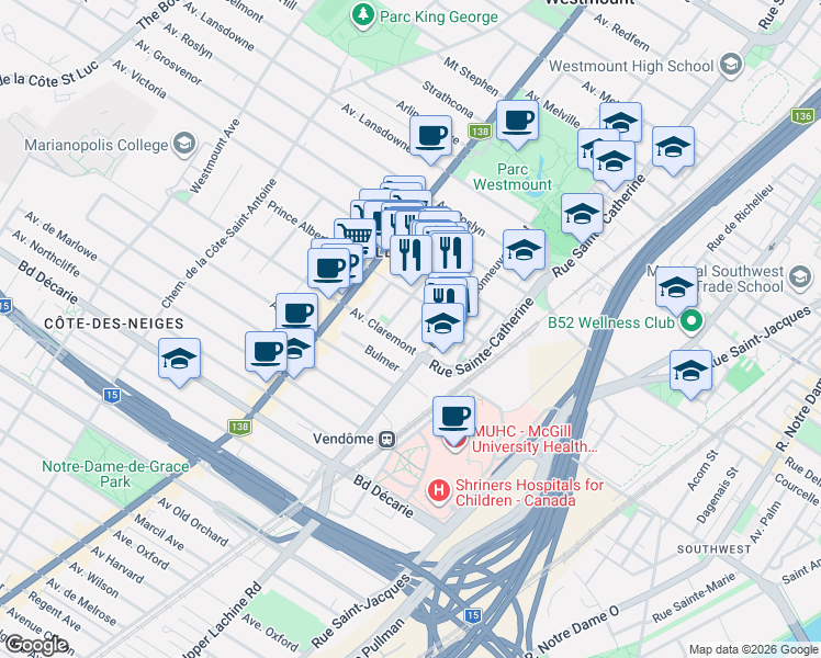 map of restaurants, bars, coffee shops, grocery stores, and more near 33 Avenue Burton in Westmount