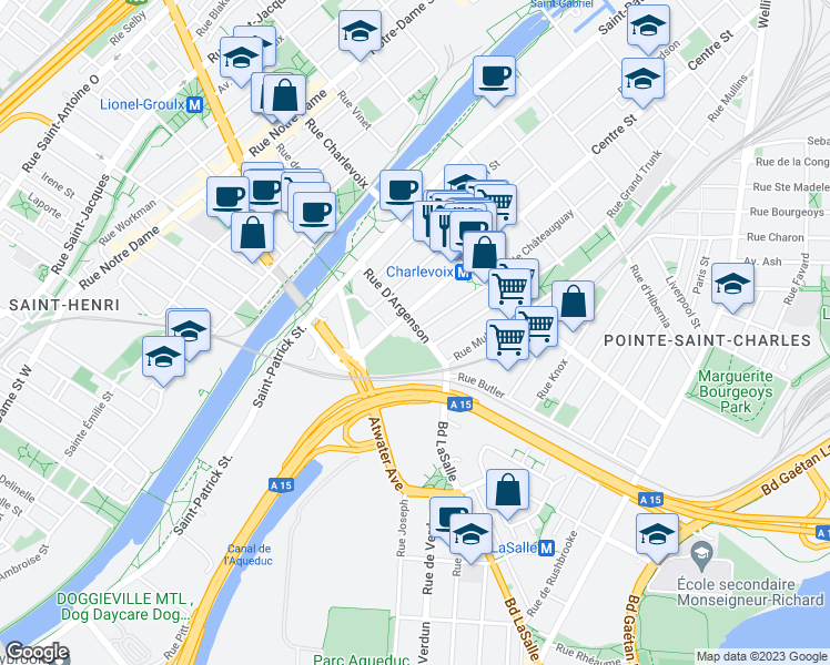 map of restaurants, bars, coffee shops, grocery stores, and more near 1146 Rue D'Argenson in Montréal