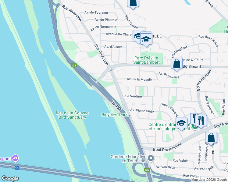 map of restaurants, bars, coffee shops, grocery stores, and more near 5475 Boulevard Marie Victorin in Brossard