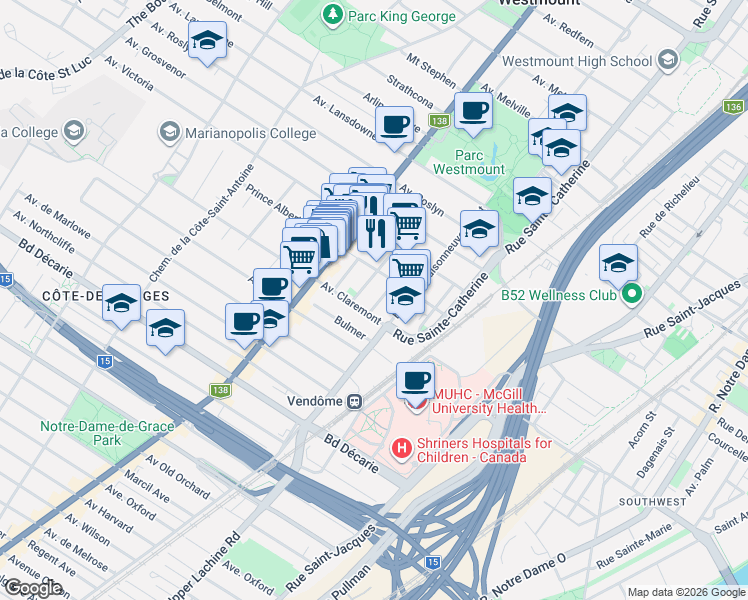 map of restaurants, bars, coffee shops, grocery stores, and more near 33 Avenue Burton in Westmount