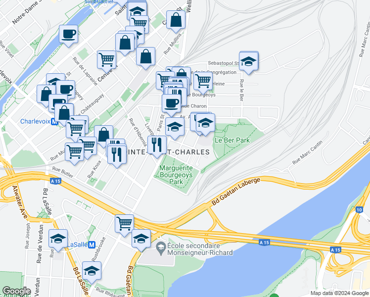 map of restaurants, bars, coffee shops, grocery stores, and more near 534 Rue de Dublin in Montréal