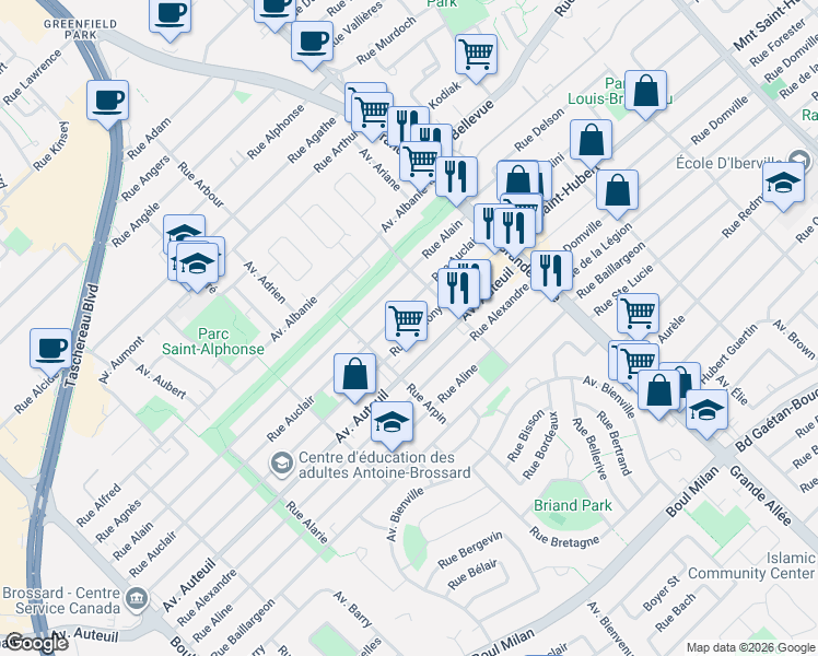 map of restaurants, bars, coffee shops, grocery stores, and more near 5651 Rue Anthony in Brossard