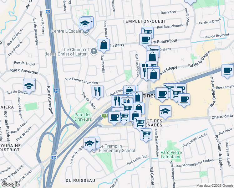 map of restaurants, bars, coffee shops, grocery stores, and more near 82 Rue Clermont in Gatineau