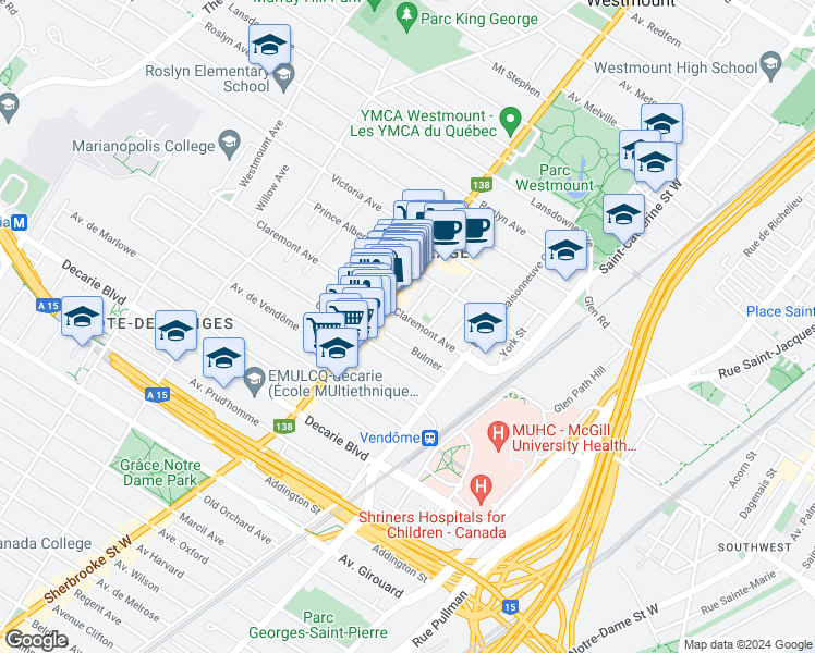 map of restaurants, bars, coffee shops, grocery stores, and more near 2114 Avenue Claremont in Montréal