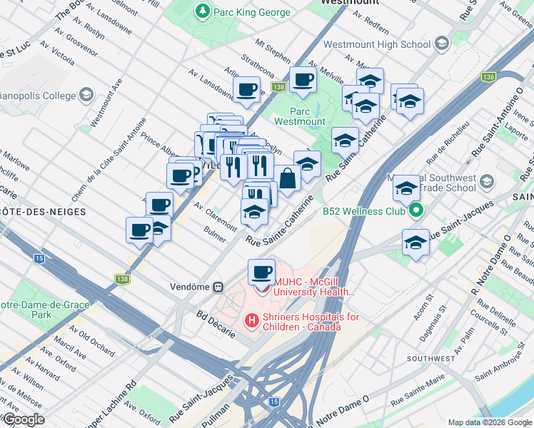 map of restaurants, bars, coffee shops, grocery stores, and more near 235 Prince Albert Avenue in Westmount