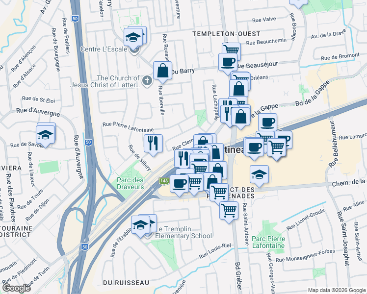 map of restaurants, bars, coffee shops, grocery stores, and more near 82 Rue Clermont in Gatineau
