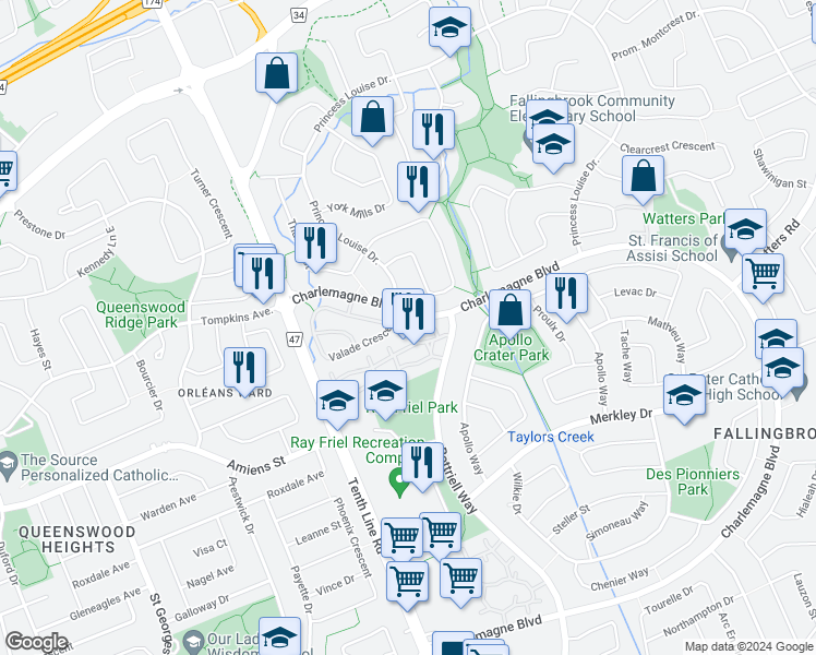 map of restaurants, bars, coffee shops, grocery stores, and more near 561 Parasol Court in Ottawa