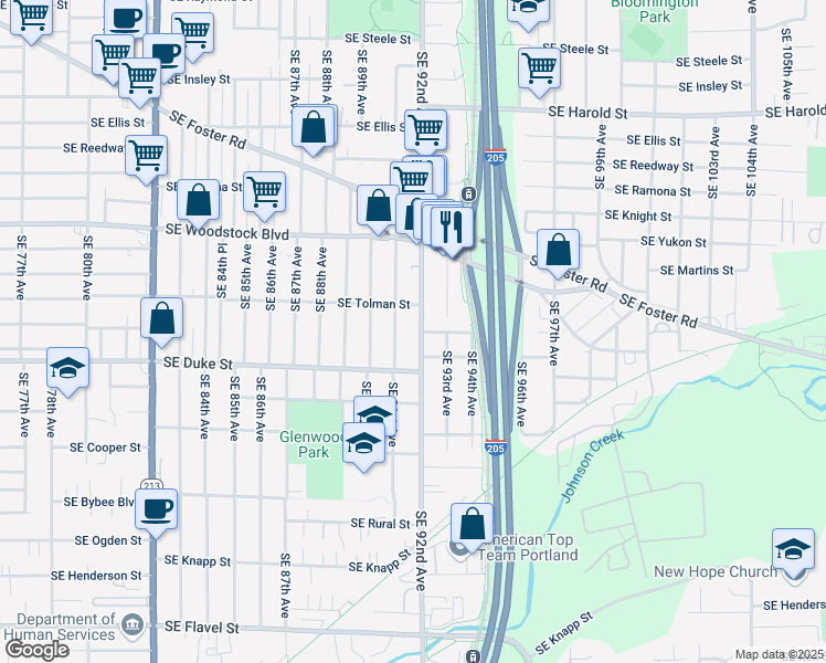 map of restaurants, bars, coffee shops, grocery stores, and more near 6314 Southeast 91st Avenue in Portland