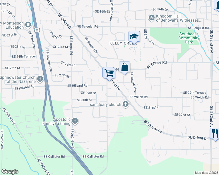 map of restaurants, bars, coffee shops, grocery stores, and more near 2822 Southeast Anderson Road in Gresham