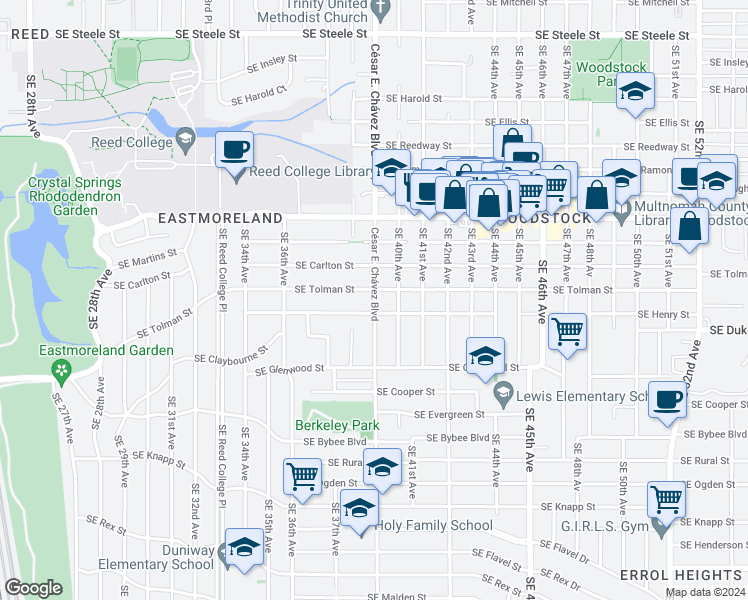 map of restaurants, bars, coffee shops, grocery stores, and more near 3928 Southeast Tolman Street in Portland