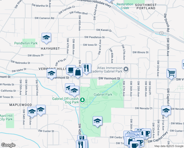 map of restaurants, bars, coffee shops, grocery stores, and more near 4323 Southwest Idaho Drive in Portland
