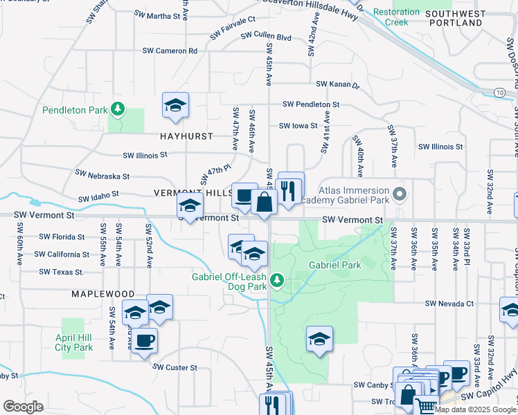 map of restaurants, bars, coffee shops, grocery stores, and more near 4556 Southwest Idaho Drive in Portland