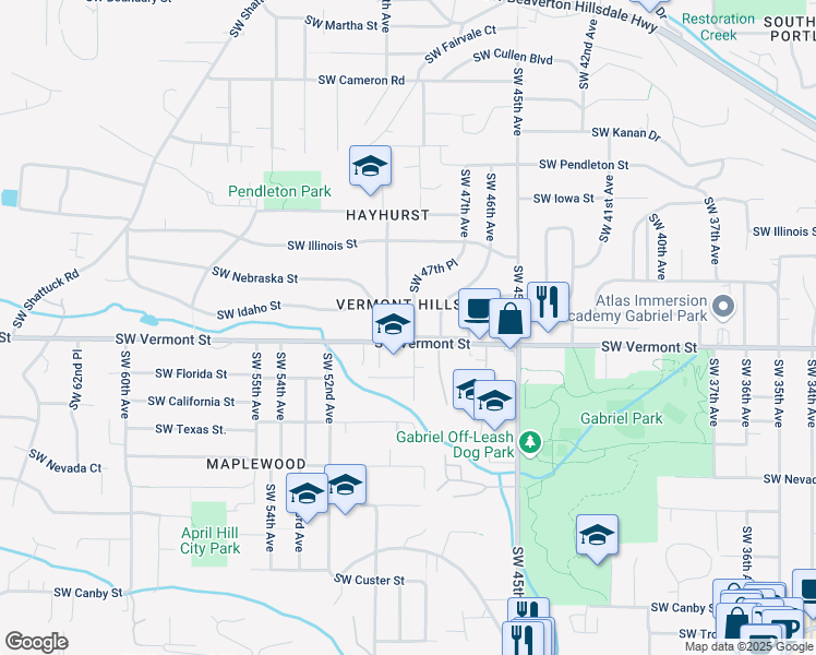 map of restaurants, bars, coffee shops, grocery stores, and more near 6546 Southwest 47th Place in Portland