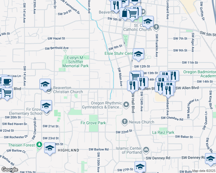 map of restaurants, bars, coffee shops, grocery stores, and more near in Beaverton