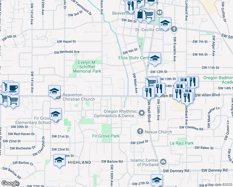map of restaurants, bars, coffee shops, grocery stores, and more near in Beaverton