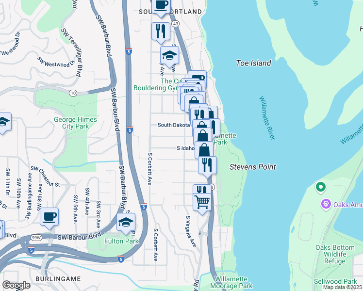 map of restaurants, bars, coffee shops, grocery stores, and more near 6533 South Virginia Avenue in Portland