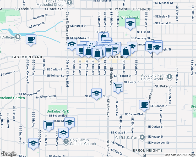 map of restaurants, bars, coffee shops, grocery stores, and more near 6515 Southeast 44th Avenue in Portland