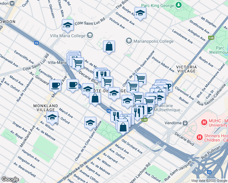 map of restaurants, bars, coffee shops, grocery stores, and more near 3777 Boulevard Décarie in Montréal