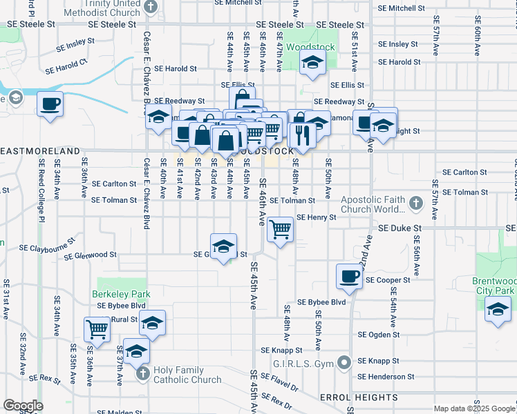 map of restaurants, bars, coffee shops, grocery stores, and more near 6315 Southeast 46th Avenue in Portland