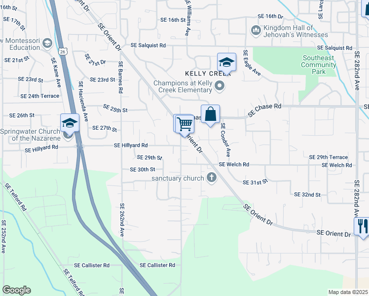 map of restaurants, bars, coffee shops, grocery stores, and more near 2822 Southeast Anderson Road in Gresham