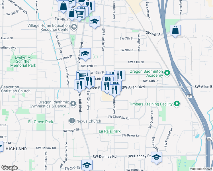 map of restaurants, bars, coffee shops, grocery stores, and more near 12195 Southwest Allen Boulevard in Beaverton