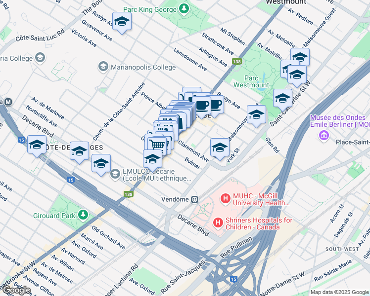 map of restaurants, bars, coffee shops, grocery stores, and more near 2106 Claremont Avenue in Montreal