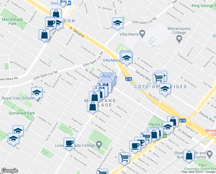 map of restaurants, bars, coffee shops, grocery stores, and more near 5513 Avenue de Monkland in Montréal
