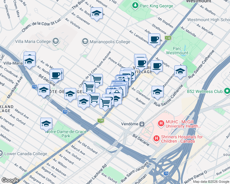map of restaurants, bars, coffee shops, grocery stores, and more near 3432 Avenue Grey in Montréal