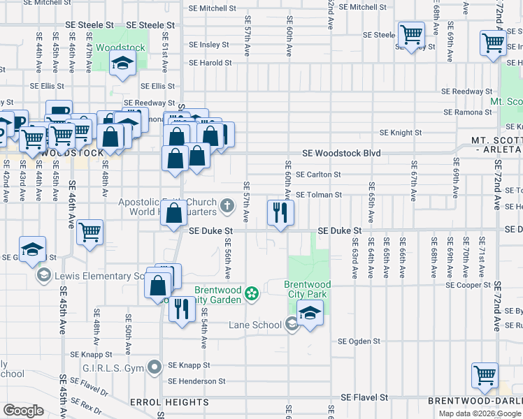 map of restaurants, bars, coffee shops, grocery stores, and more near 6333 Southeast 58th Avenue in Portland
