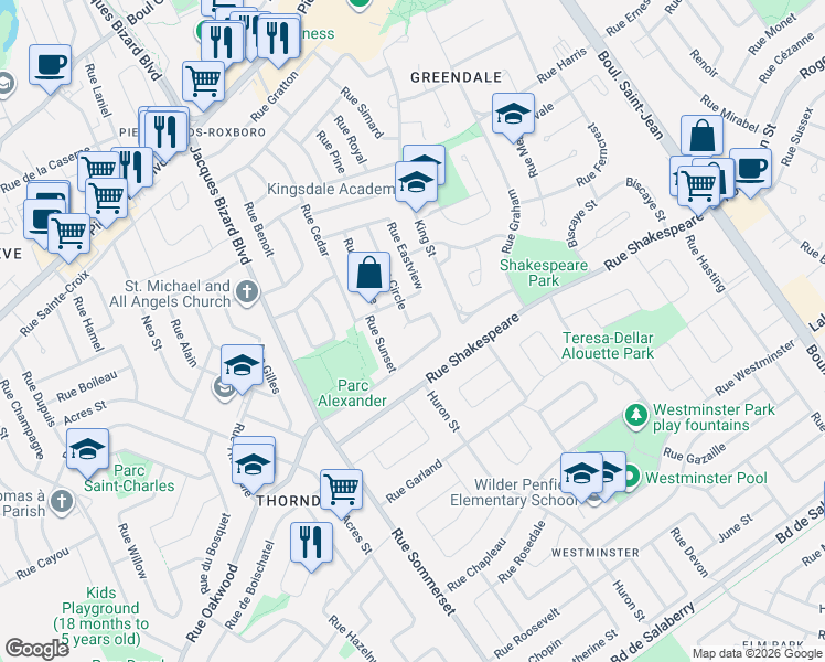 map of restaurants, bars, coffee shops, grocery stores, and more near 4311 Rue Circle in Montréal