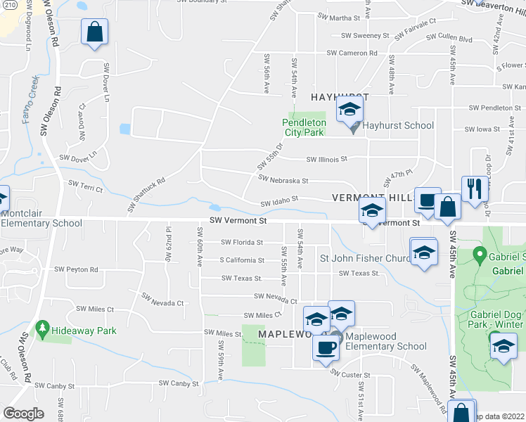 map of restaurants, bars, coffee shops, grocery stores, and more near 5616 Southwest Idaho Street in Portland