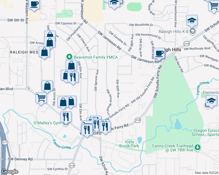 map of restaurants, bars, coffee shops, grocery stores, and more near 5980 Southwest Arrow-Wood Lane in Portland