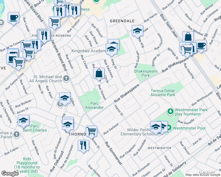 map of restaurants, bars, coffee shops, grocery stores, and more near 4311 Rue Circle in Montréal