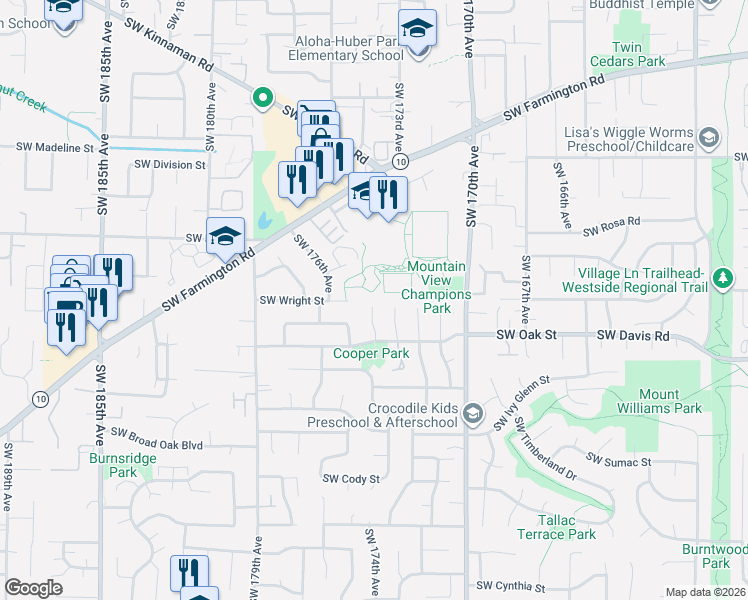 map of restaurants, bars, coffee shops, grocery stores, and more near 5970 Southwest 174th Avenue in Beaverton
