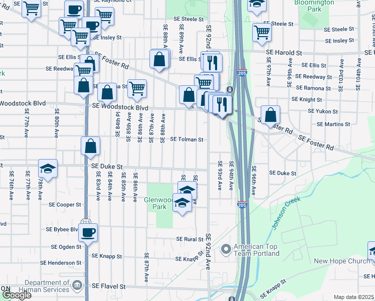 map of restaurants, bars, coffee shops, grocery stores, and more near 6340 Southeast 90th Avenue in Portland
