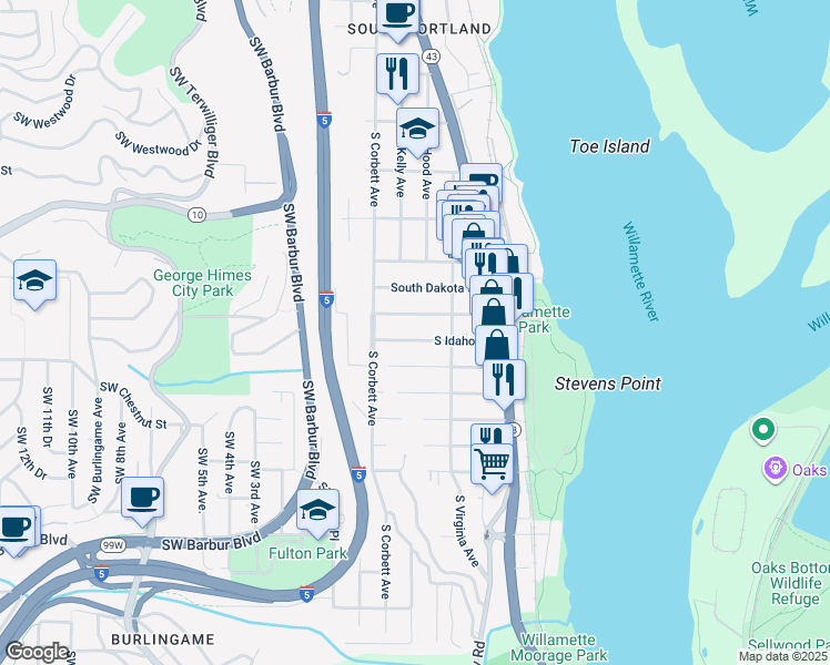 map of restaurants, bars, coffee shops, grocery stores, and more near 240 Southwest Nebraska Street in Portland