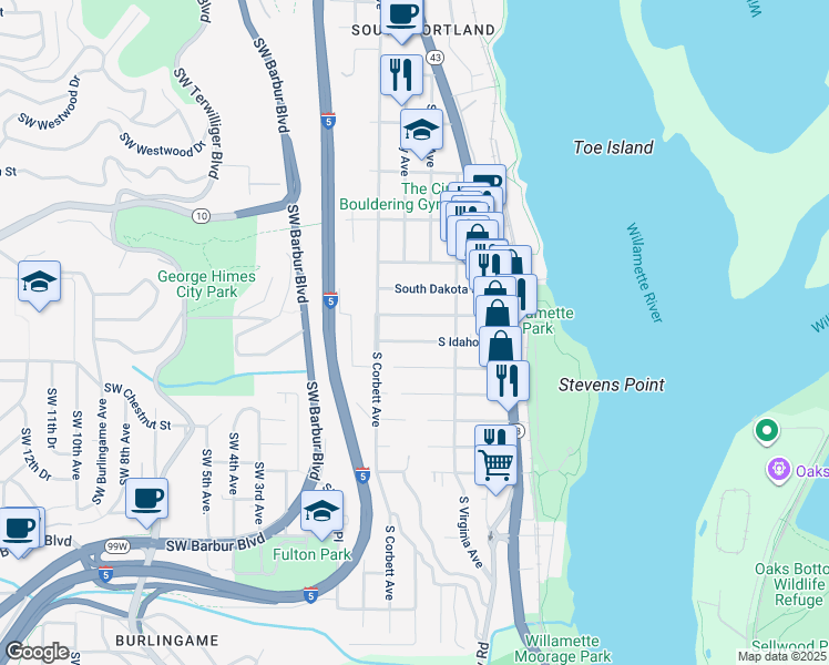 map of restaurants, bars, coffee shops, grocery stores, and more near 240 Southwest Nebraska Street in Portland