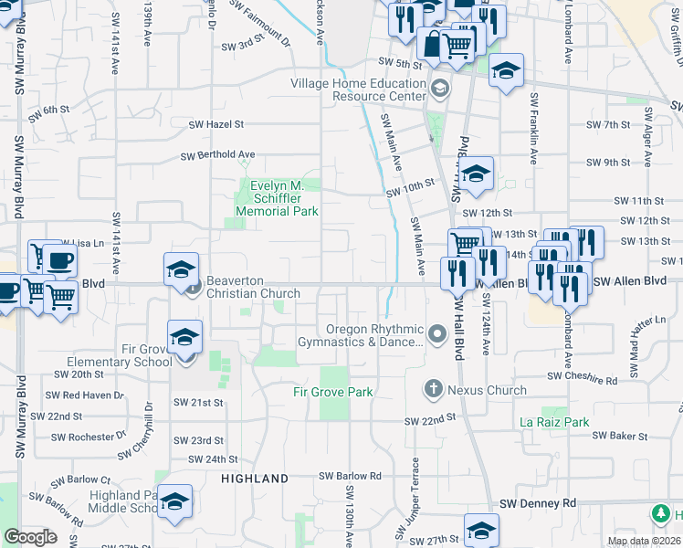 map of restaurants, bars, coffee shops, grocery stores, and more near 13025 Southwest Allen Boulevard in Beaverton