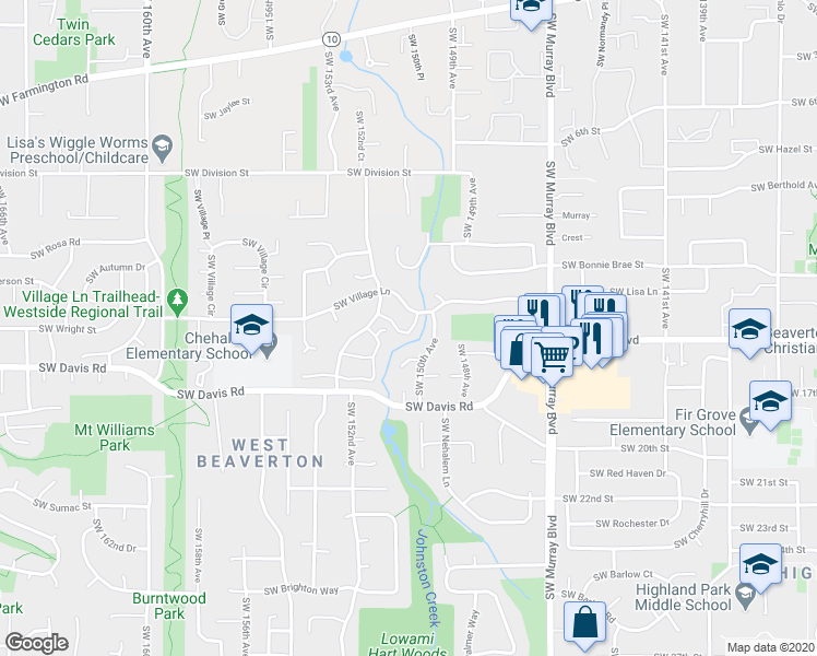 map of restaurants, bars, coffee shops, grocery stores, and more near 15137 Southwest Trillium Lane in Beaverton