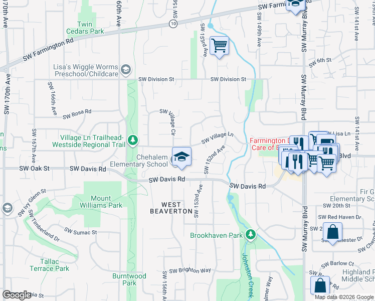 map of restaurants, bars, coffee shops, grocery stores, and more near 15530 Southwest Village Lane in Beaverton