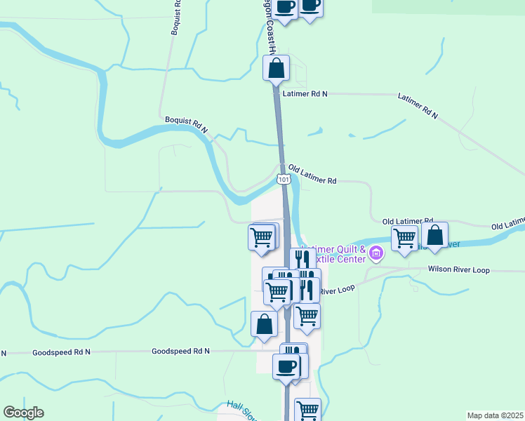 map of restaurants, bars, coffee shops, grocery stores, and more near 1720 Makinster Road in Tillamook