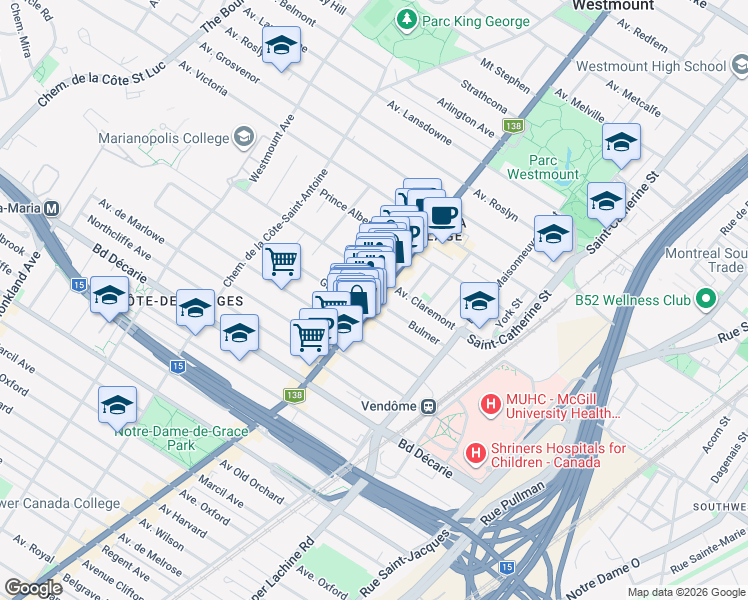 map of restaurants, bars, coffee shops, grocery stores, and more near Rue Sherbrooke Ouest in Montréal