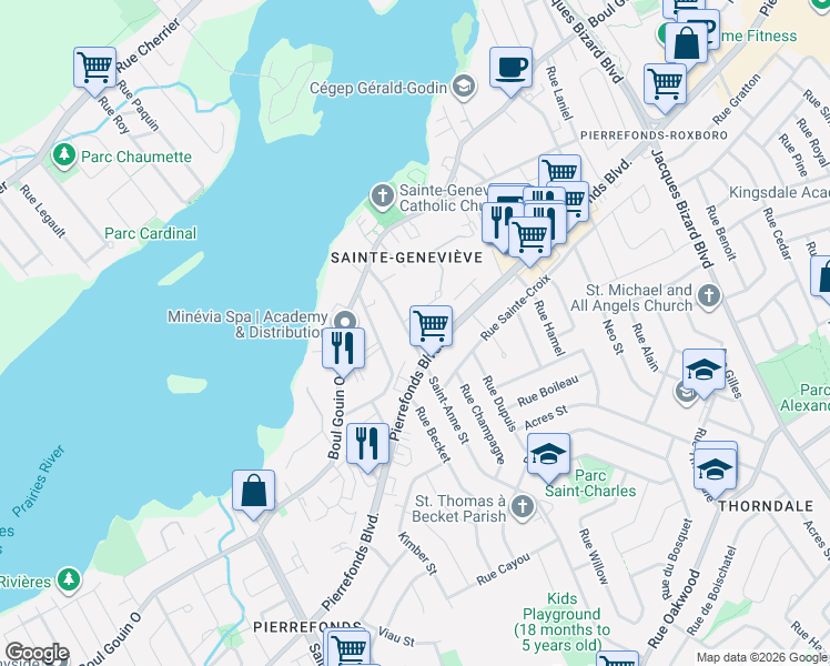 map of restaurants, bars, coffee shops, grocery stores, and more near 61 Rue Sainte-Anne in Montréal