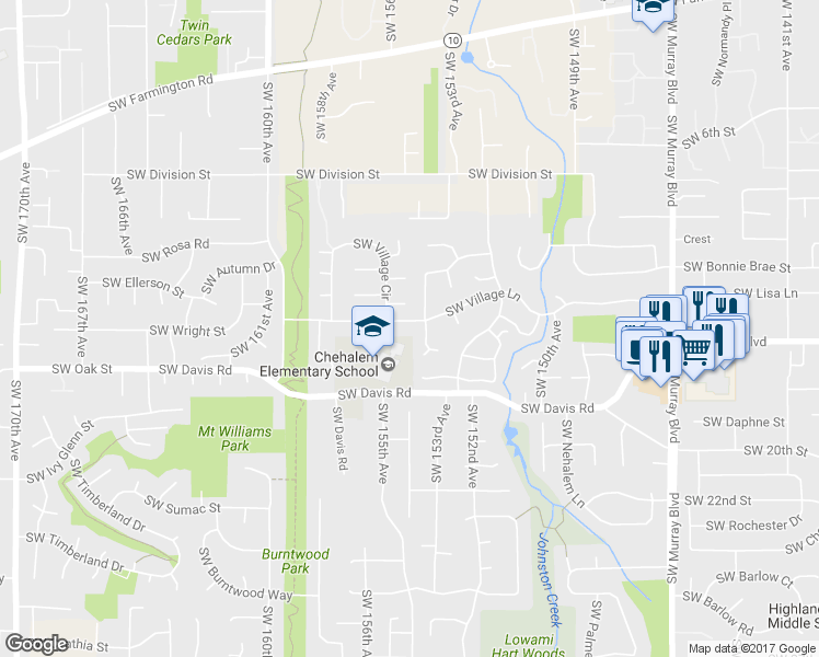 map of restaurants, bars, coffee shops, grocery stores, and more near 15530 Southwest Village Lane in Beaverton