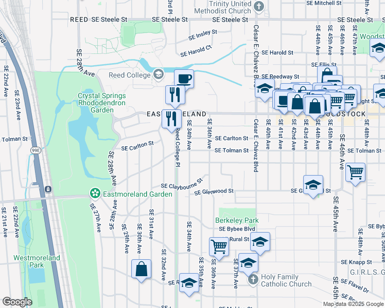 map of restaurants, bars, coffee shops, grocery stores, and more near 6306 Southeast 34th Avenue in Portland